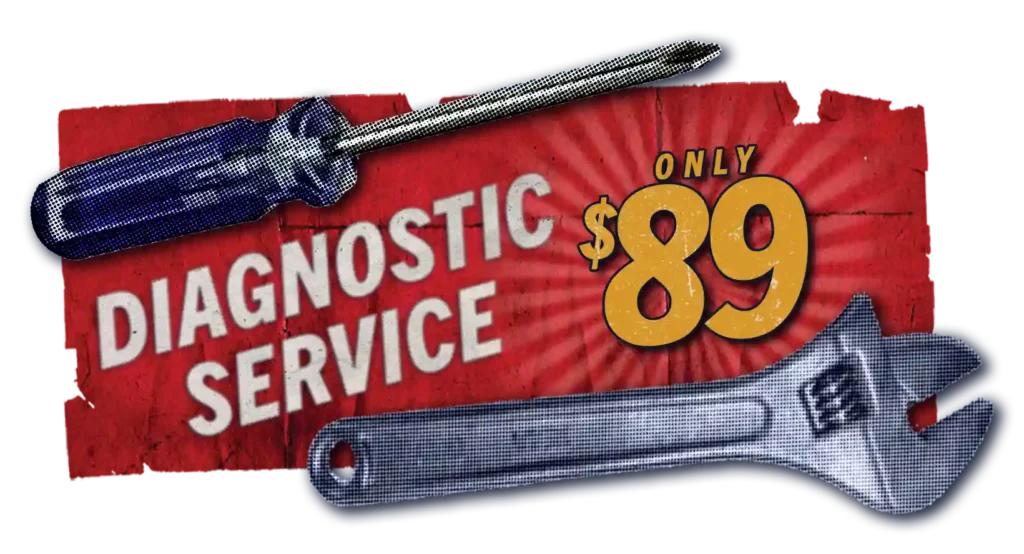 Diagnostic service advertisement featuring a screwdriver and wrench on a red background, highlighting a special price of $89 for HVAC diagnostic services.
