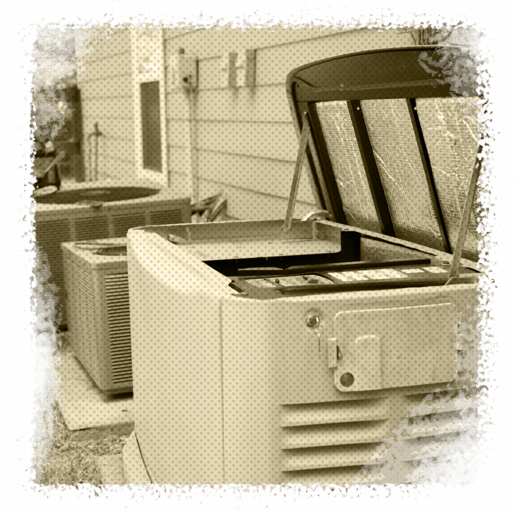 Generator transfer switch with open lid, showcasing installation for reliable power solutions, surrounded by HVAC units, emphasizing All Star A/C, Plumbing & Electrical services in Houston, TX.