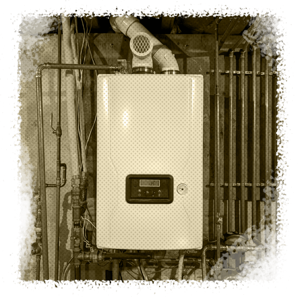 Tankless water heater installation with digital display and connected piping, showcasing plumbing setup for on-demand hot water service in Houston, TX.