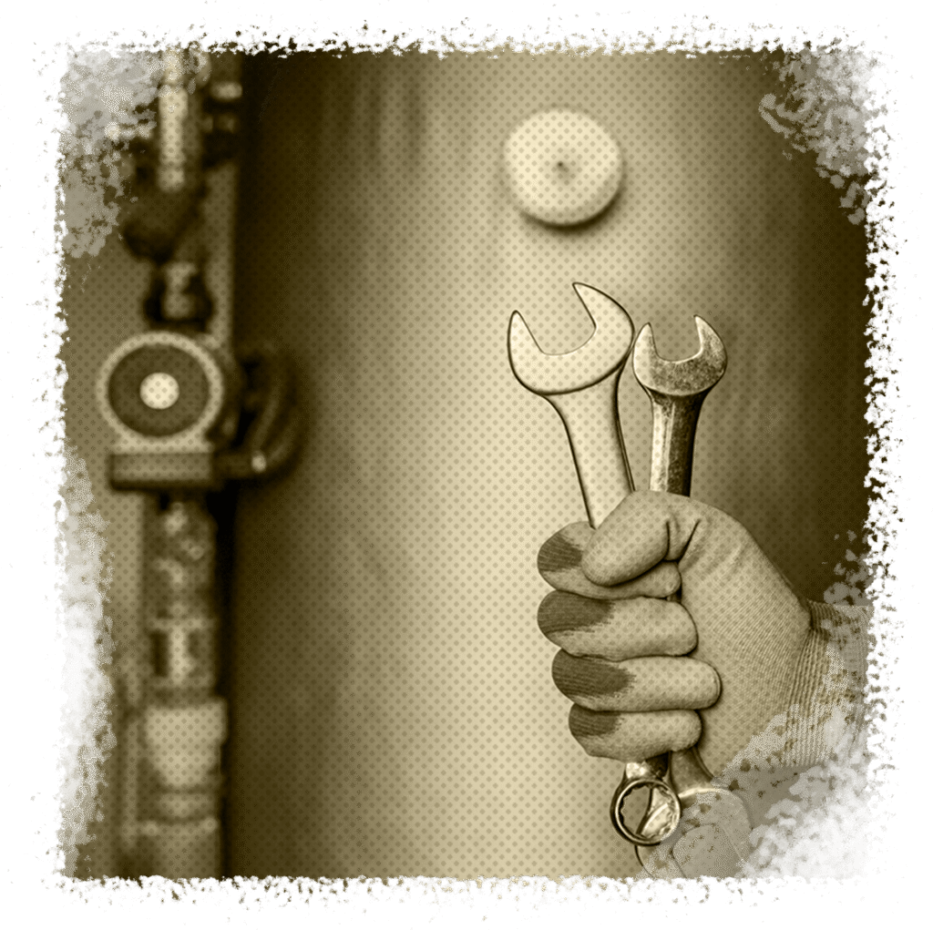 Hand holding wrenches in front of a water heater, symbolizing plumbing repair services for water heater maintenance and installation in Houston, TX.