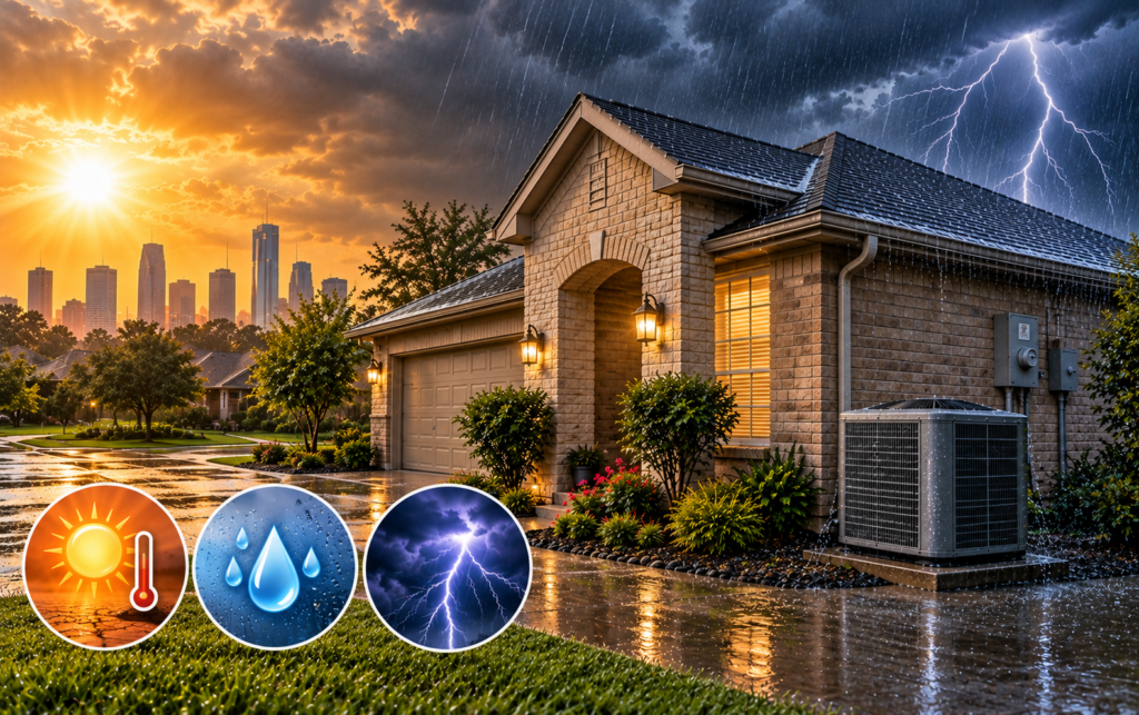 AC Repair, AC Maintenance, AC Installation, AC Replacement Houston homeowners protecting HVAC plumbing and electrical systems from heat humidity and thunderstorms